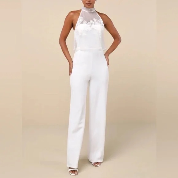 Lulus Formally Invited White Embroidered Organza Flounce Jumpsuit Size M - Picture 1 of 10